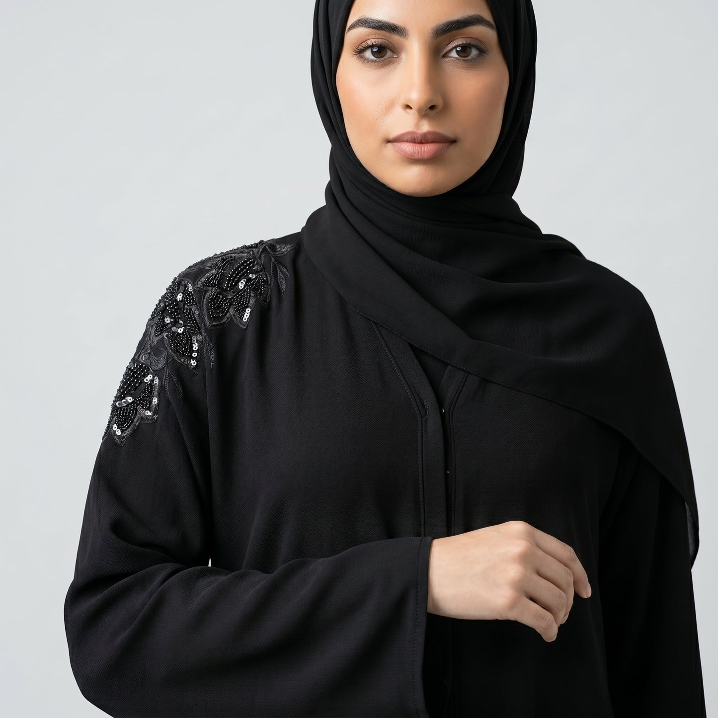 SITR Black Beaded Shoulder Abaya with Matching Hijab