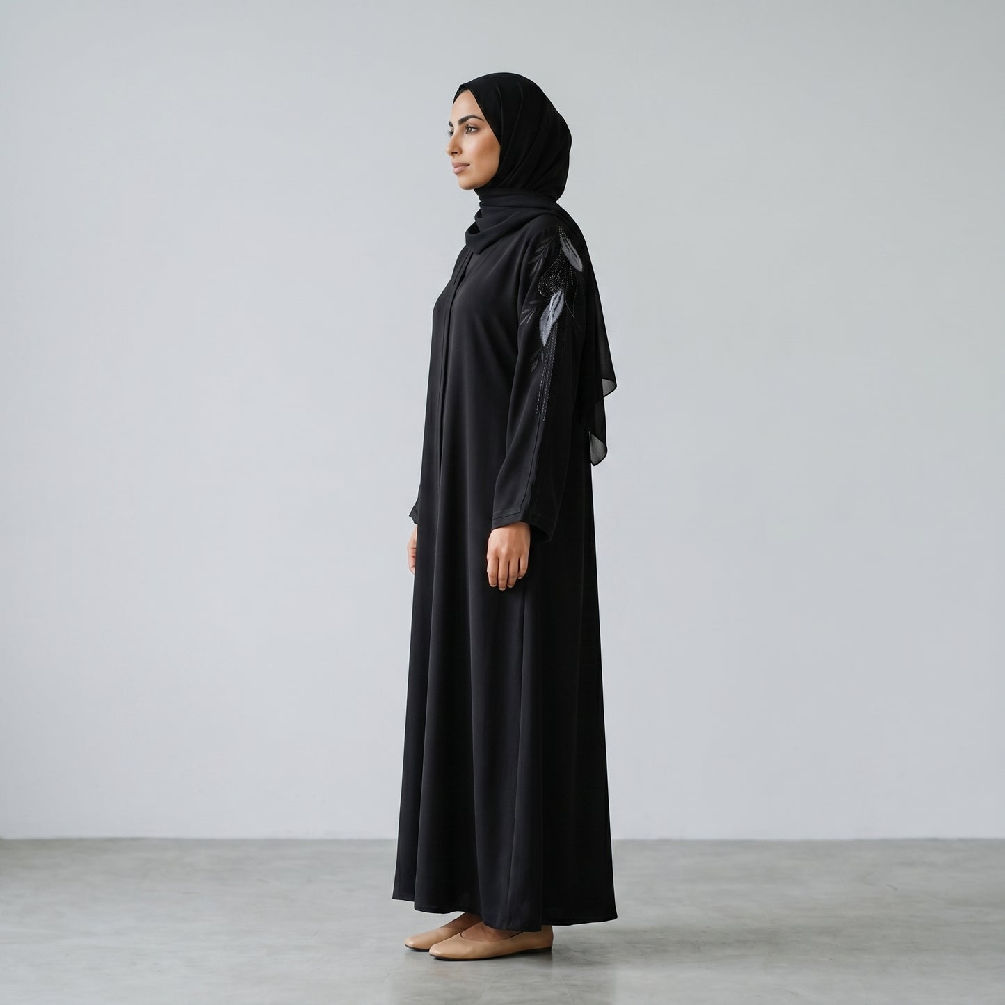 SITR Black Floral Beaded Abaya with Matching Hijab