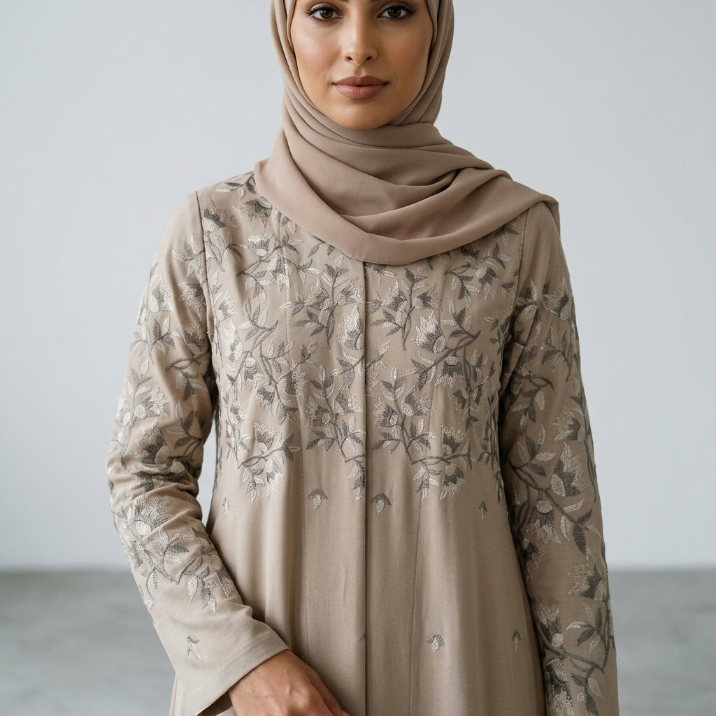 SITR Beige Floral Embroidered Abaya with Matching Hijab
