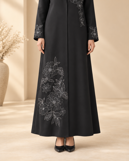 2PC Black Floral Embroidered Lined Blazer Abaya with Hijab