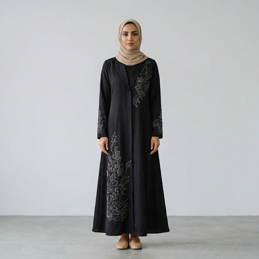SITR Black Floral Embroidered Khaleeji Abaya with Matching Hijab