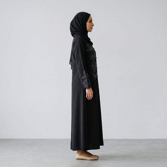 Black Floral Embroidered Khaleeji Abaya with Matching Hijab