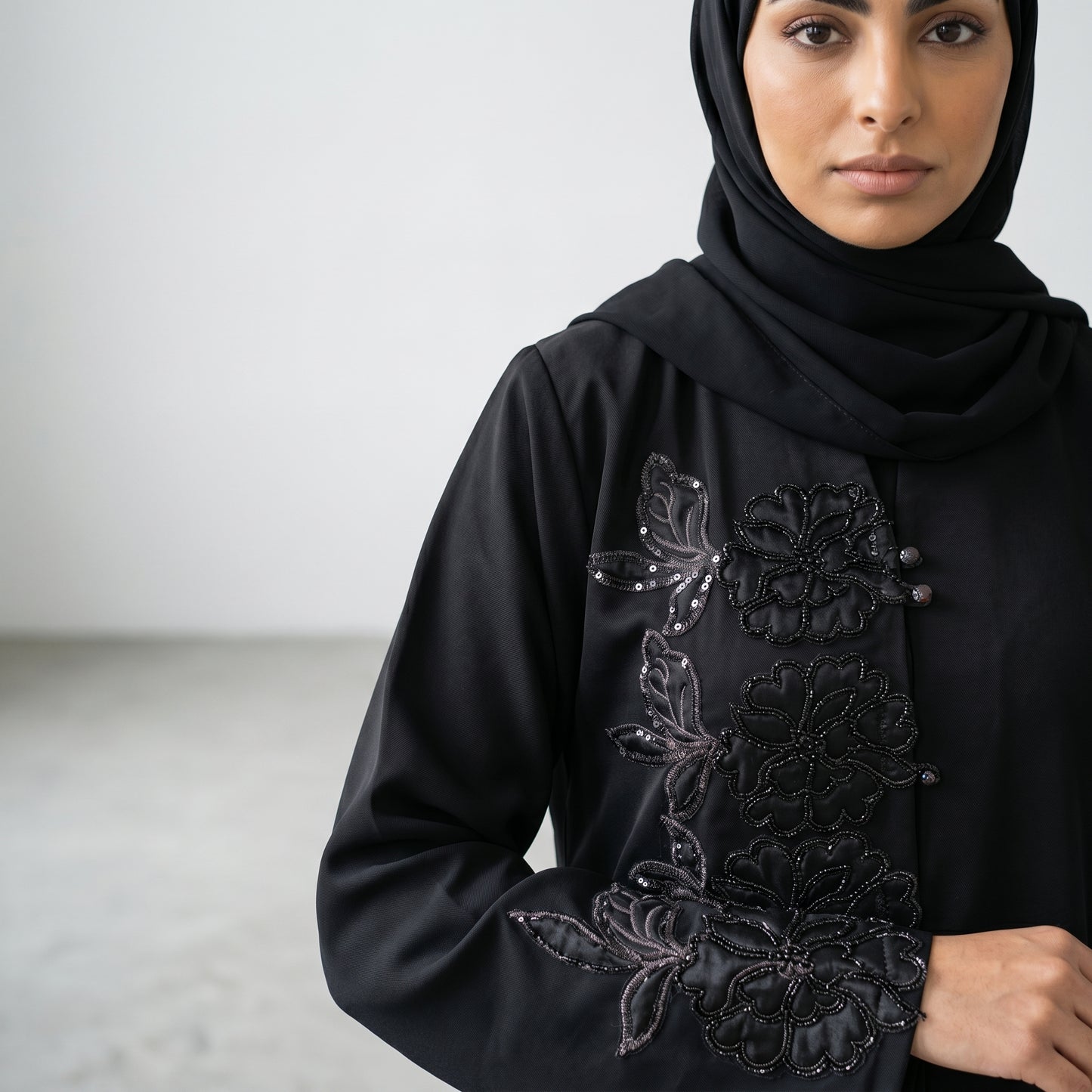 Black Floral Embroidered Khaleeji Abaya with Matching Hijab