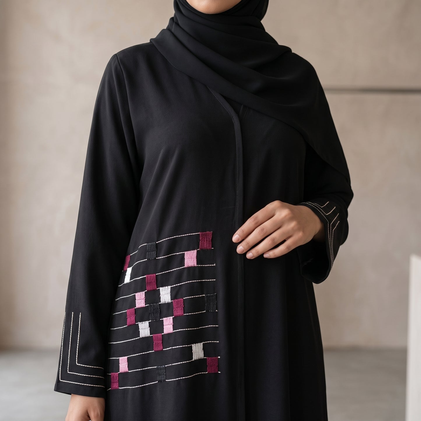 SITR Black Geometric Embroidered Abaya with Matching Hijab