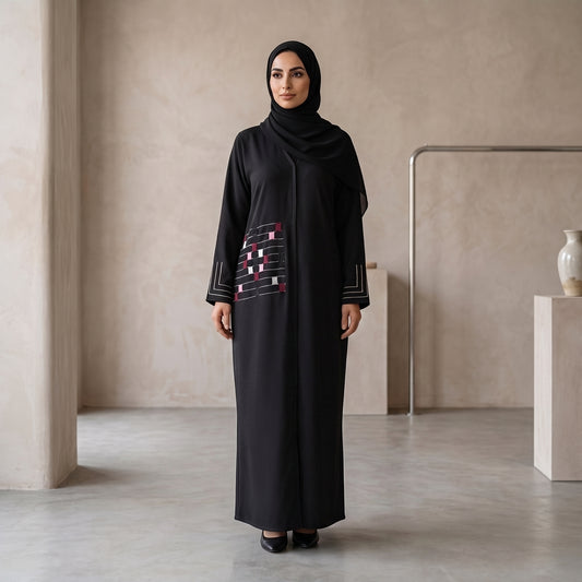 SITR Black Geometric Embroidered Abaya with Matching Hijab