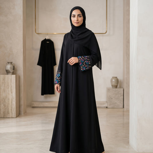 SITR Black Embroidered Cuff Abaya with Matching Hijab