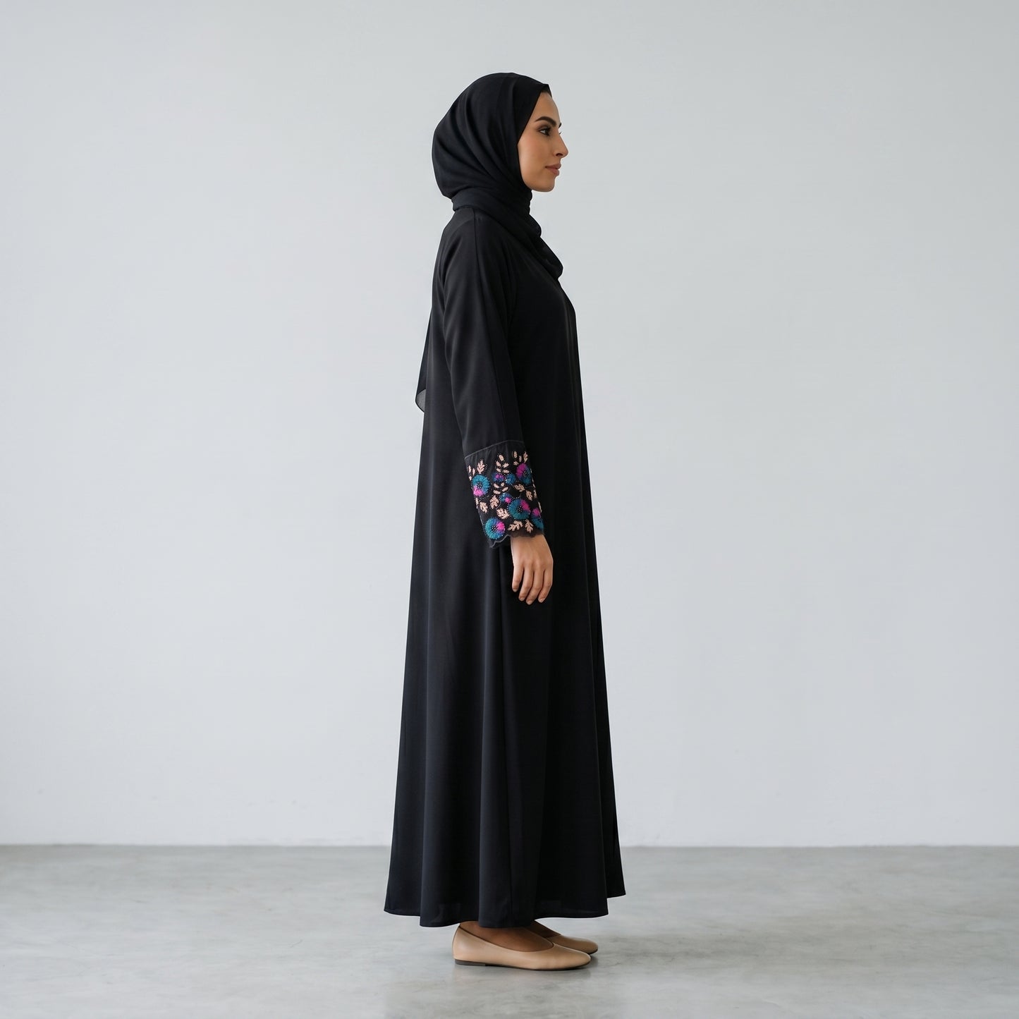 SITR Black Embroidered Cuff Abaya with Matching Hijab