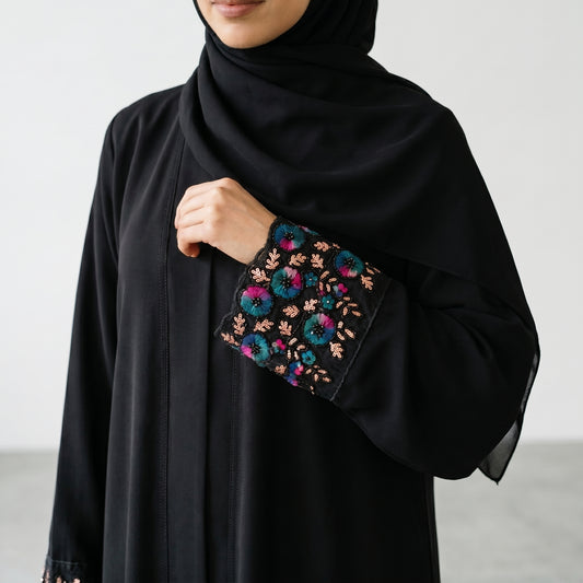 SITR Black Embroidered Cuff Abaya with Matching Hijab