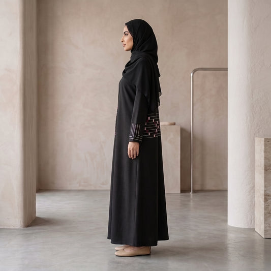 SITR Black Geometric Embroidered Abaya with Matching Hijab