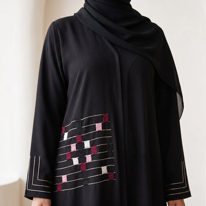 SITR Black Geometric Embroidered Abaya with Matching Hijab