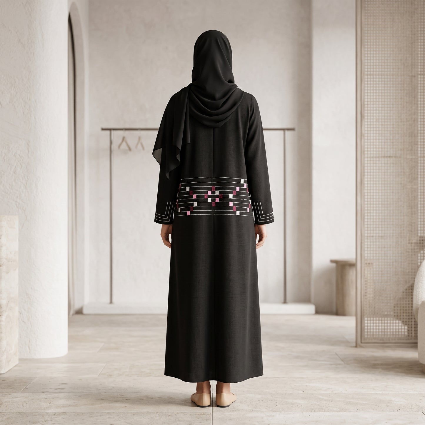 SITR Black Geometric Embroidered Abaya with Matching Hijab
