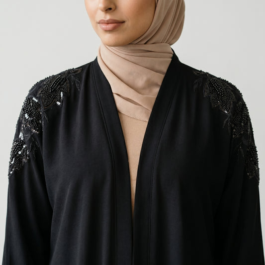 SITR Black Beaded Shoulder Abaya with Matching Hijab