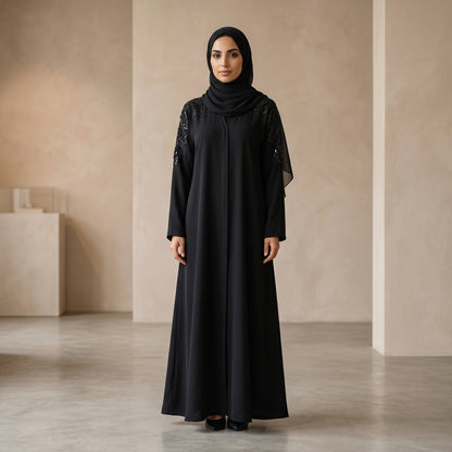 SITR Black Beaded Shoulder Abaya with Matching Hijab