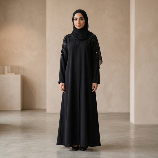SITR Black Beaded Shoulder Abaya with Matching Hijab