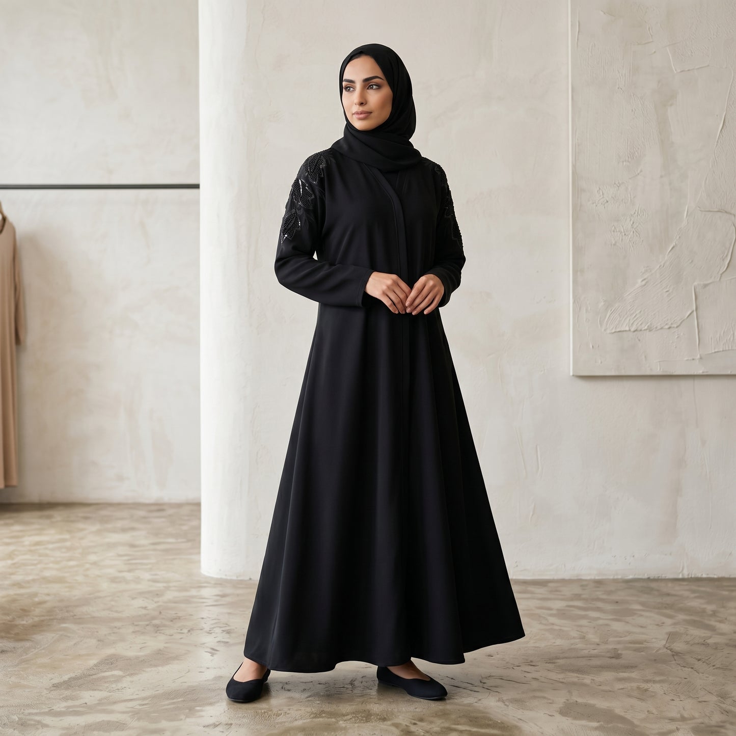 SITR Black Beaded Shoulder Abaya with Matching Hijab