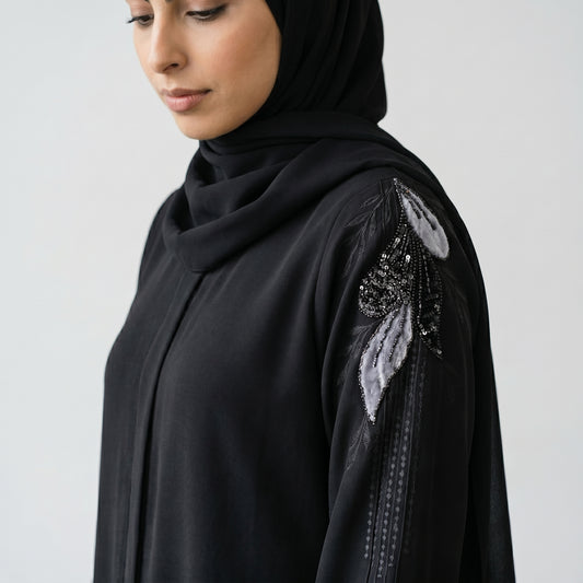 SITR Black Floral Beaded Abaya with Matching Hijab