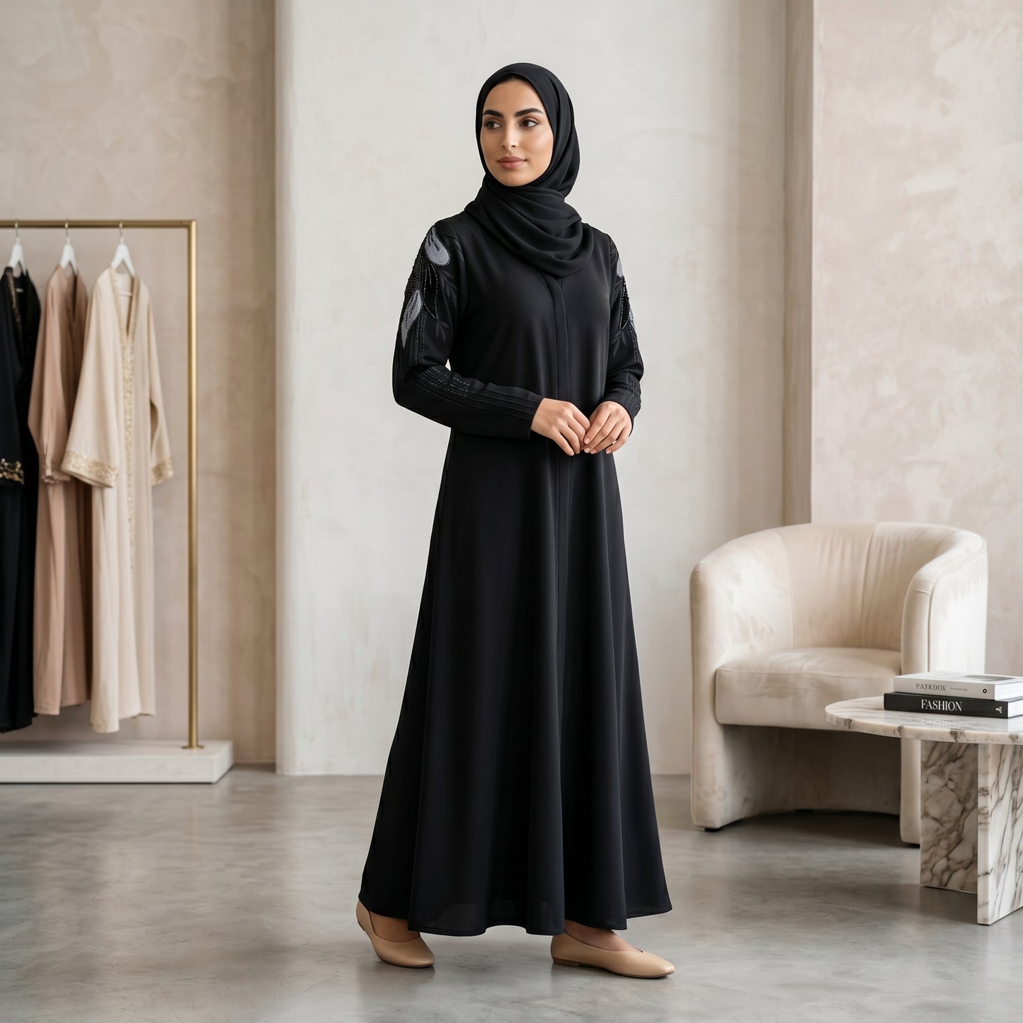 SITR Black Floral Beaded Abaya with Matching Hijab