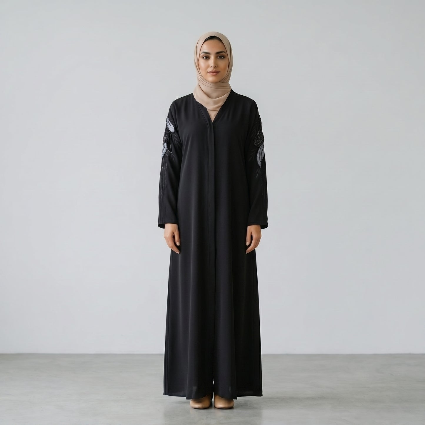 SITR Black Floral Beaded Abaya with Matching Hijab