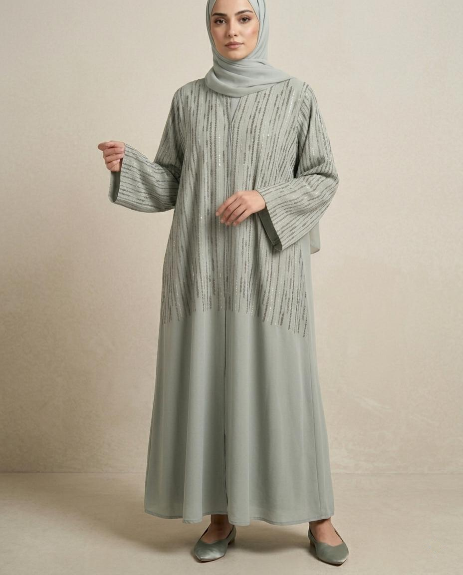 SITR Sage Green Embellished Abaya with Matching Hijab