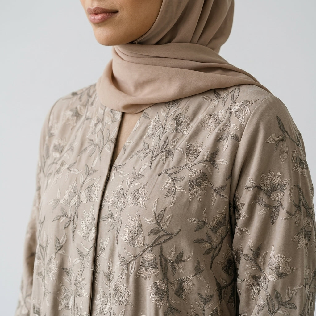 SITR Beige Floral Embroidered Abaya with Matching Hijab