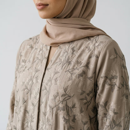 SITR Beige Floral Embroidered Abaya with Matching Hijab
