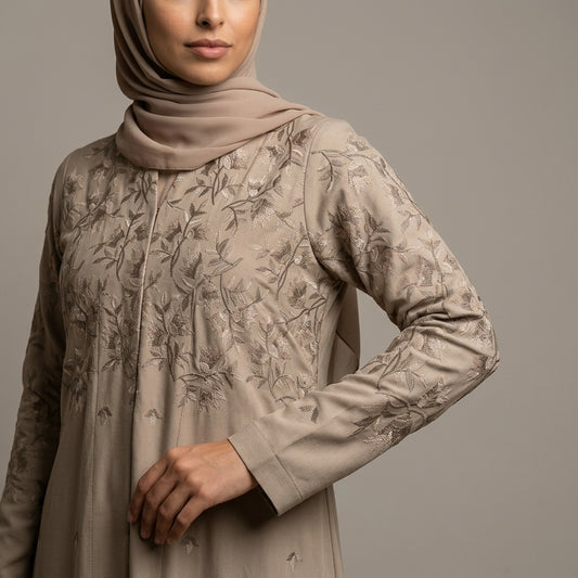 SITR Beige Floral Embroidered Abaya with Matching Hijab