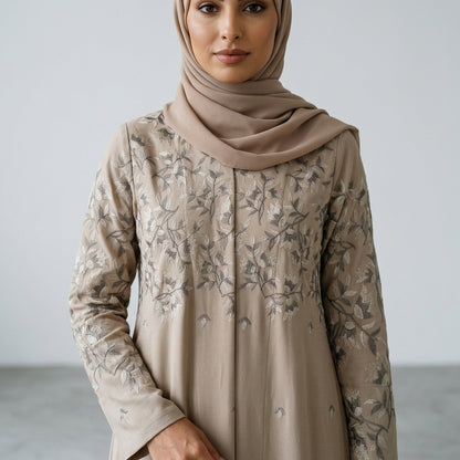 SITR Beige Floral Embroidered Abaya with Matching Hijab