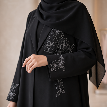 2PC Black Floral Embroidered Lined Blazer Abaya with Hijab