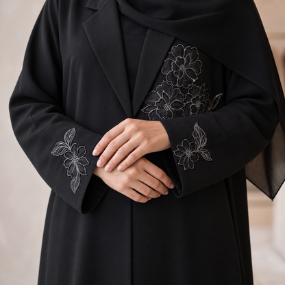 2PC Black Floral Embroidered Lined Blazer Abaya with Hijab