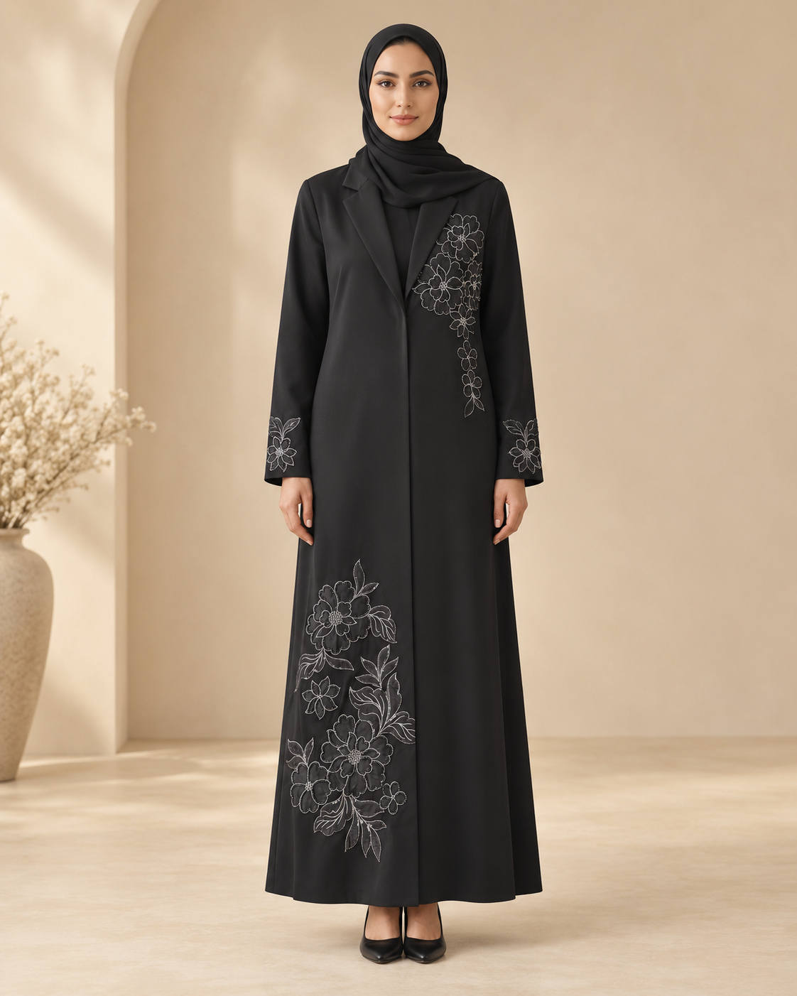 2PC Black Floral Embroidered Lined Blazer Abaya with Hijab