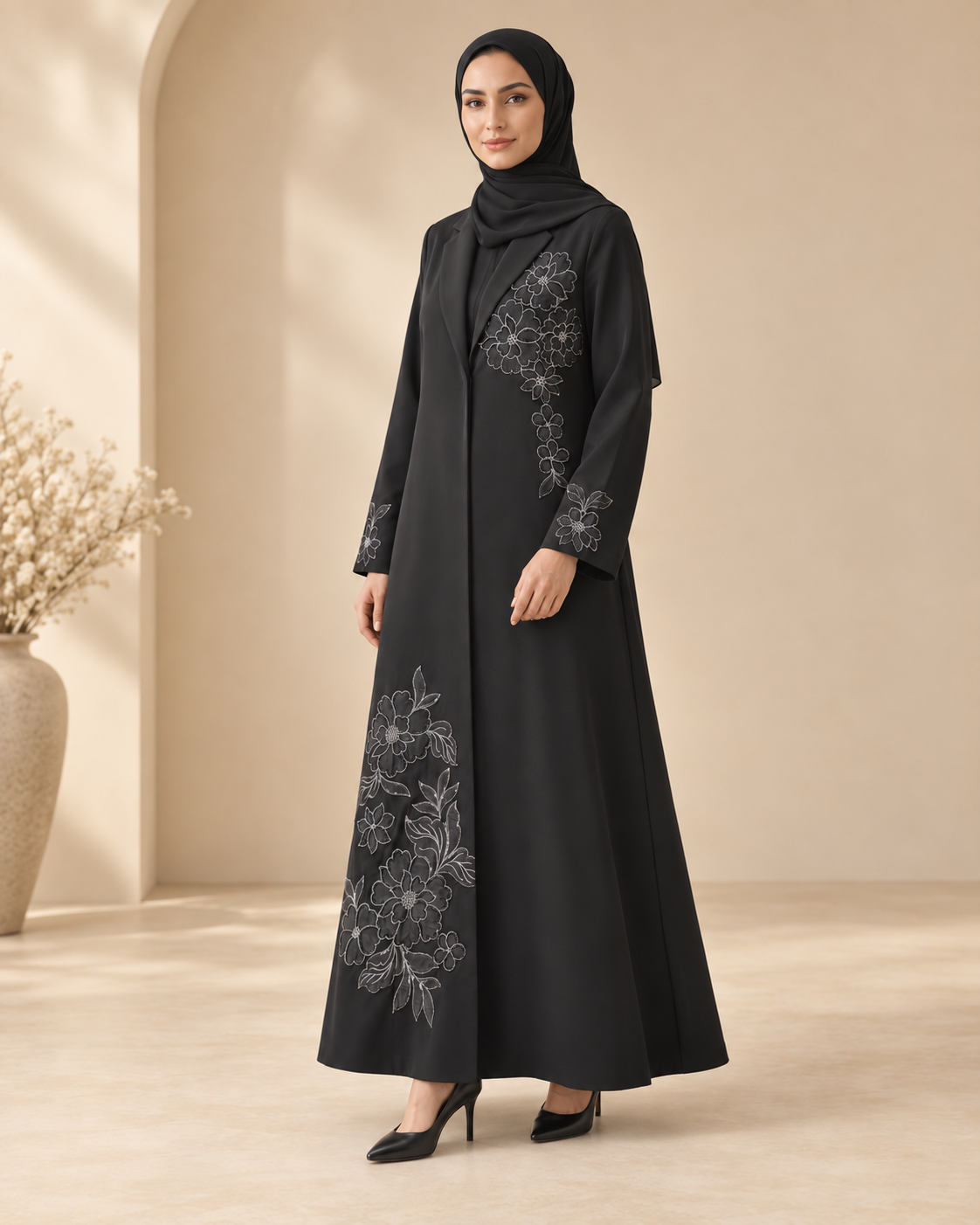 2PC Black Floral Embroidered Lined Blazer Abaya with Hijab