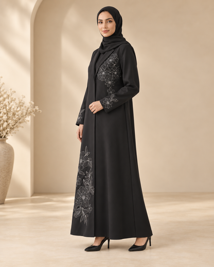 2PC Black Floral Embroidered Lined Blazer Abaya with Hijab
