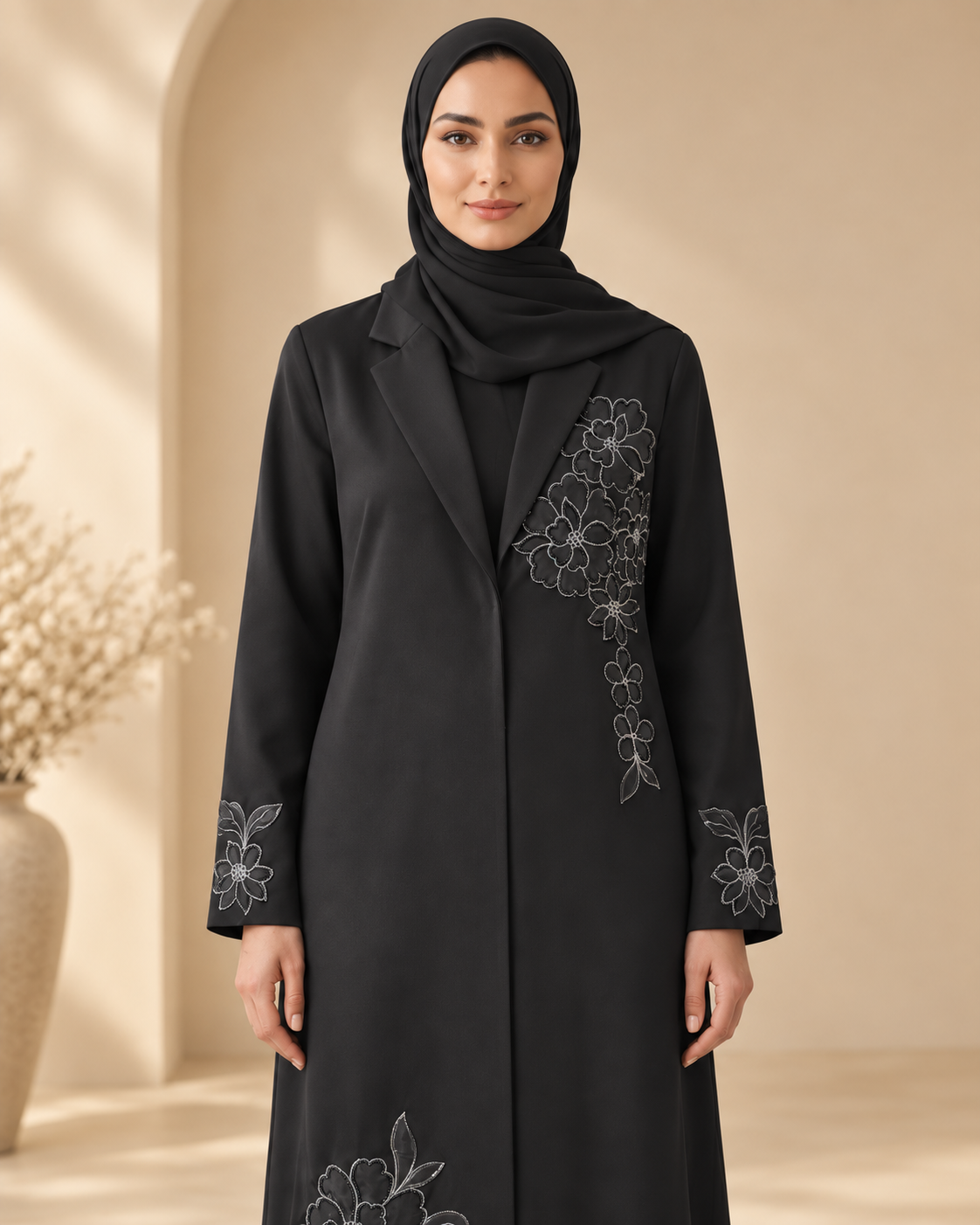 2PC Black Floral Embroidered Lined Blazer Abaya with Hijab