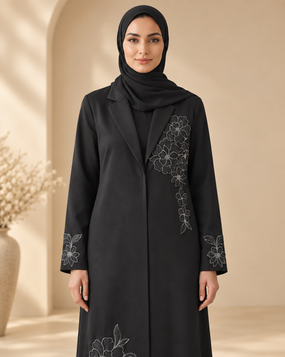 2PC Black Floral Embroidered Lined Blazer Abaya with Hijab