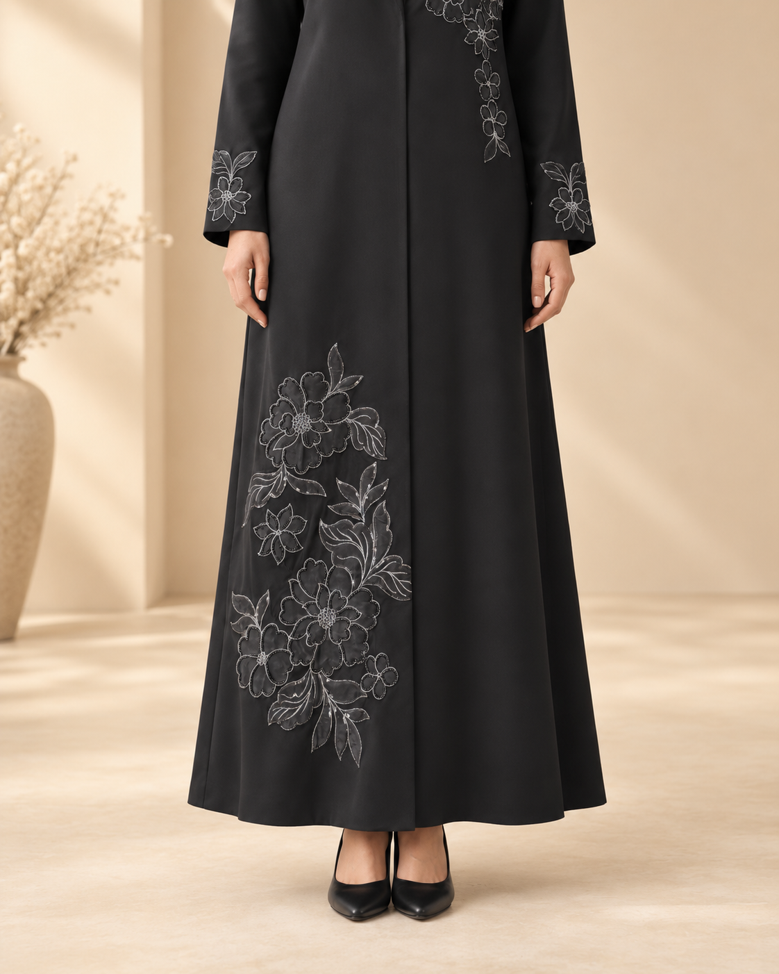 2PC Black Floral Embroidered Lined Blazer Abaya with Hijab