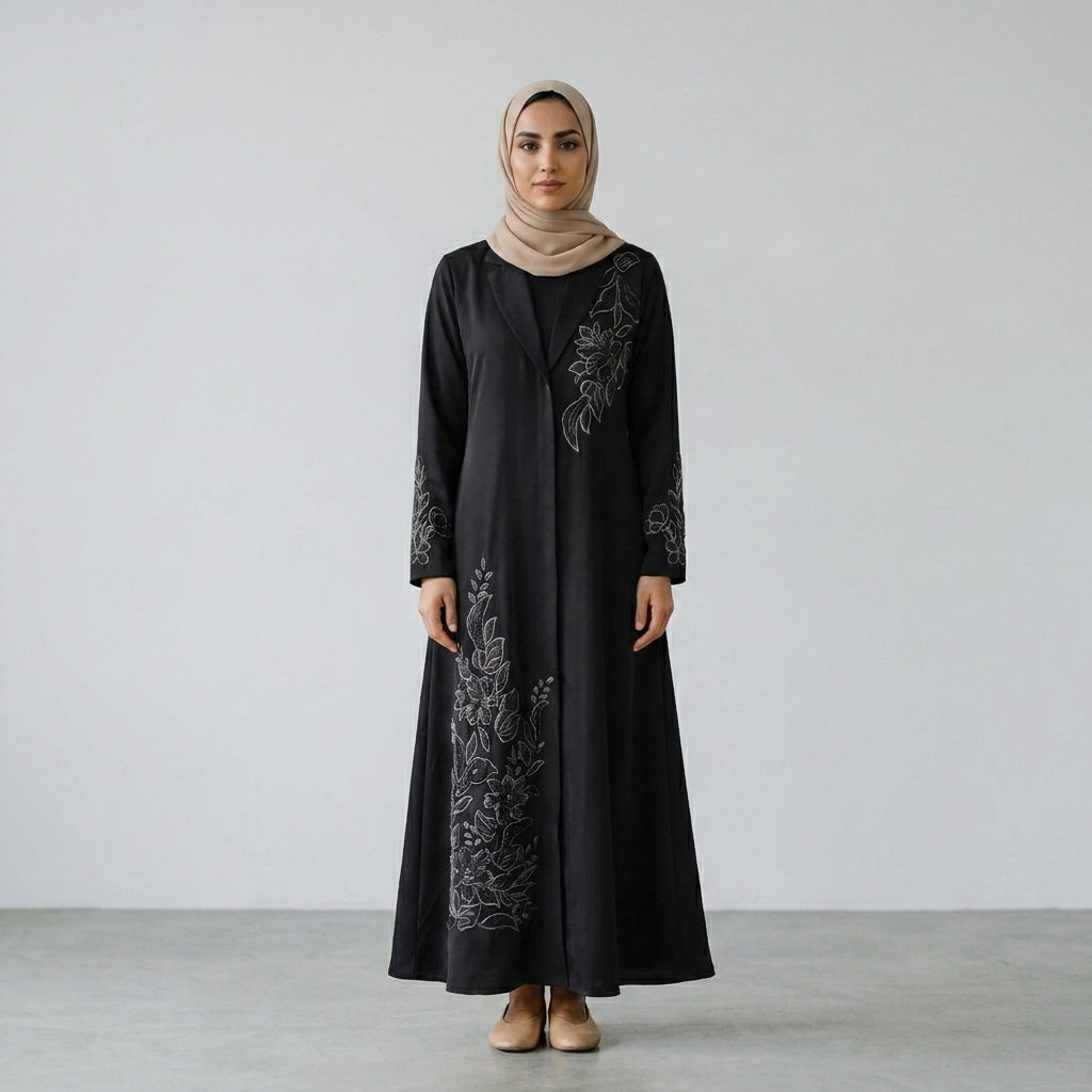 SITR Black Floral Embroidered Khaleeji Abaya with Matching Hijab