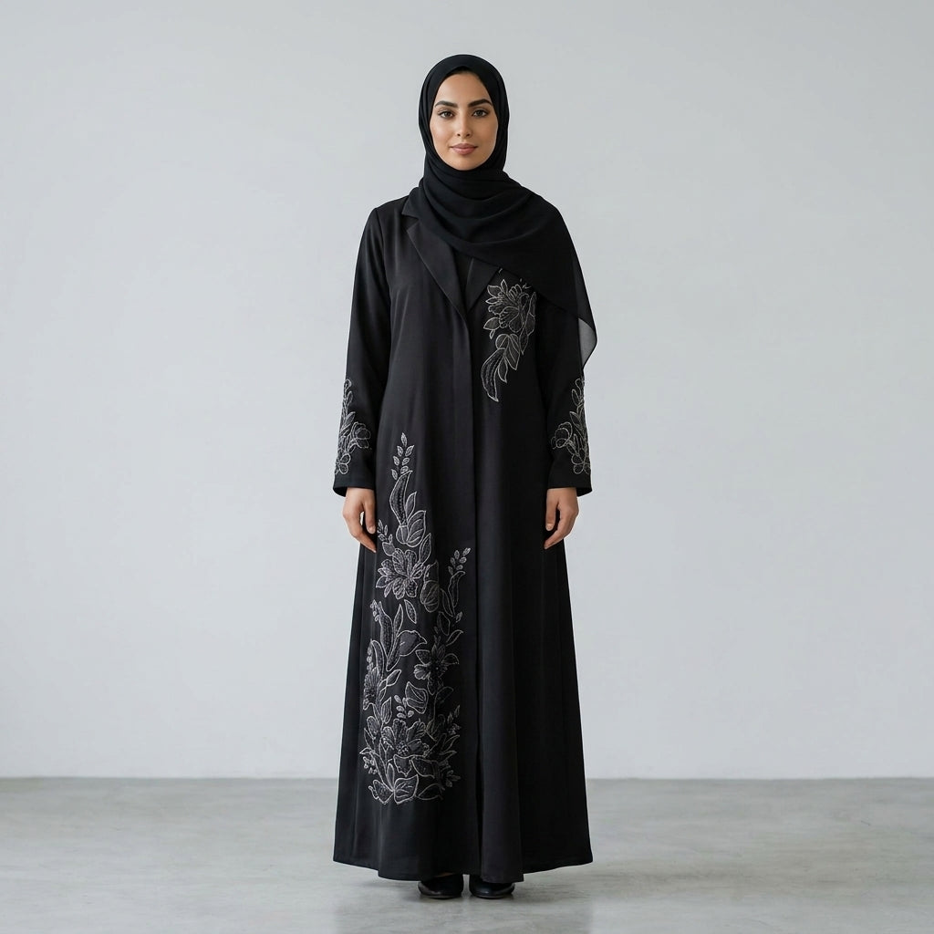 SITR Black Floral Embroidered Khaleeji Abaya with Matching Hijab