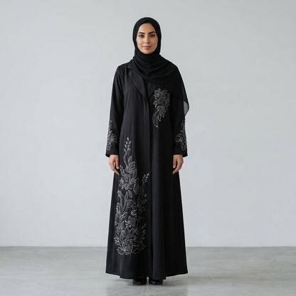 SITR Black Floral Embroidered Khaleeji Abaya with Matching Hijab