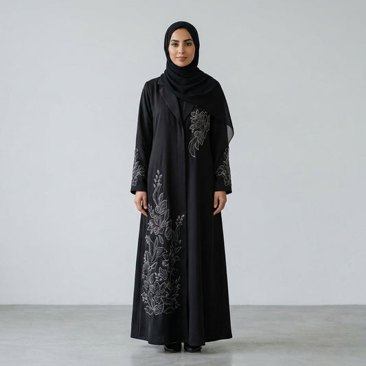 SITR Black Floral Embroidered Khaleeji Abaya with Matching Hijab