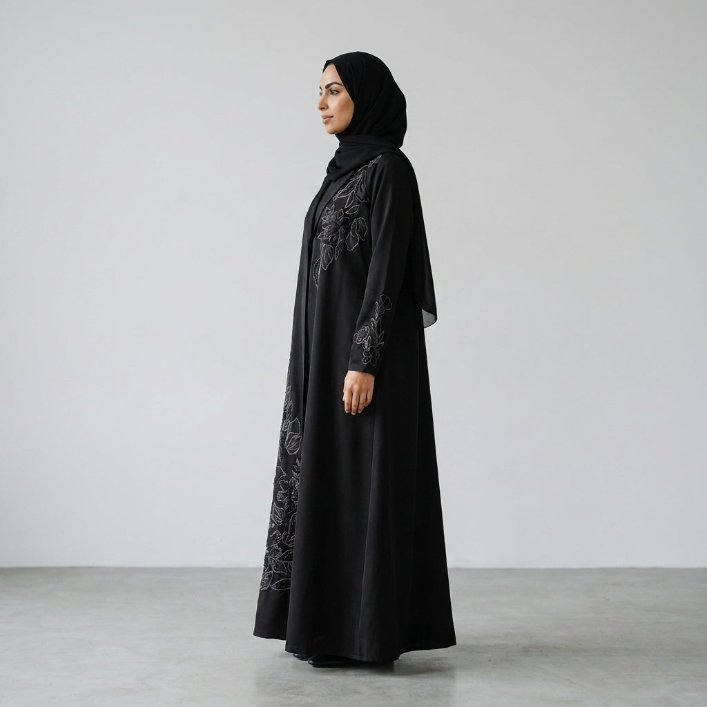 SITR Black Floral Embroidered Khaleeji Abaya with Matching Hijab