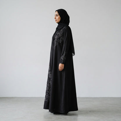 SITR Black Floral Embroidered Khaleeji Abaya with Matching Hijab