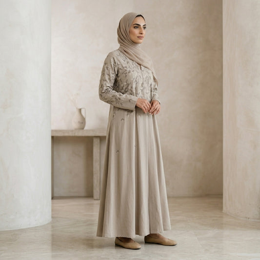 SITR Beige Floral Embroidered Abaya with Matching Hijab