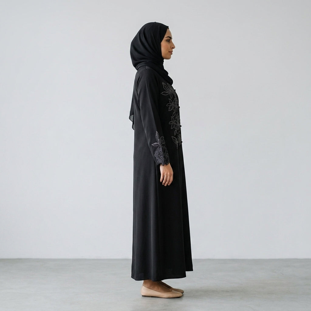 Black Floral Embroidered Khaleeji Abaya with Matching Hijab