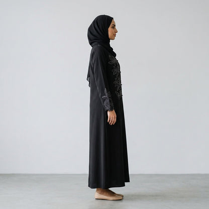 Black Floral Embroidered Khaleeji Abaya with Matching Hijab