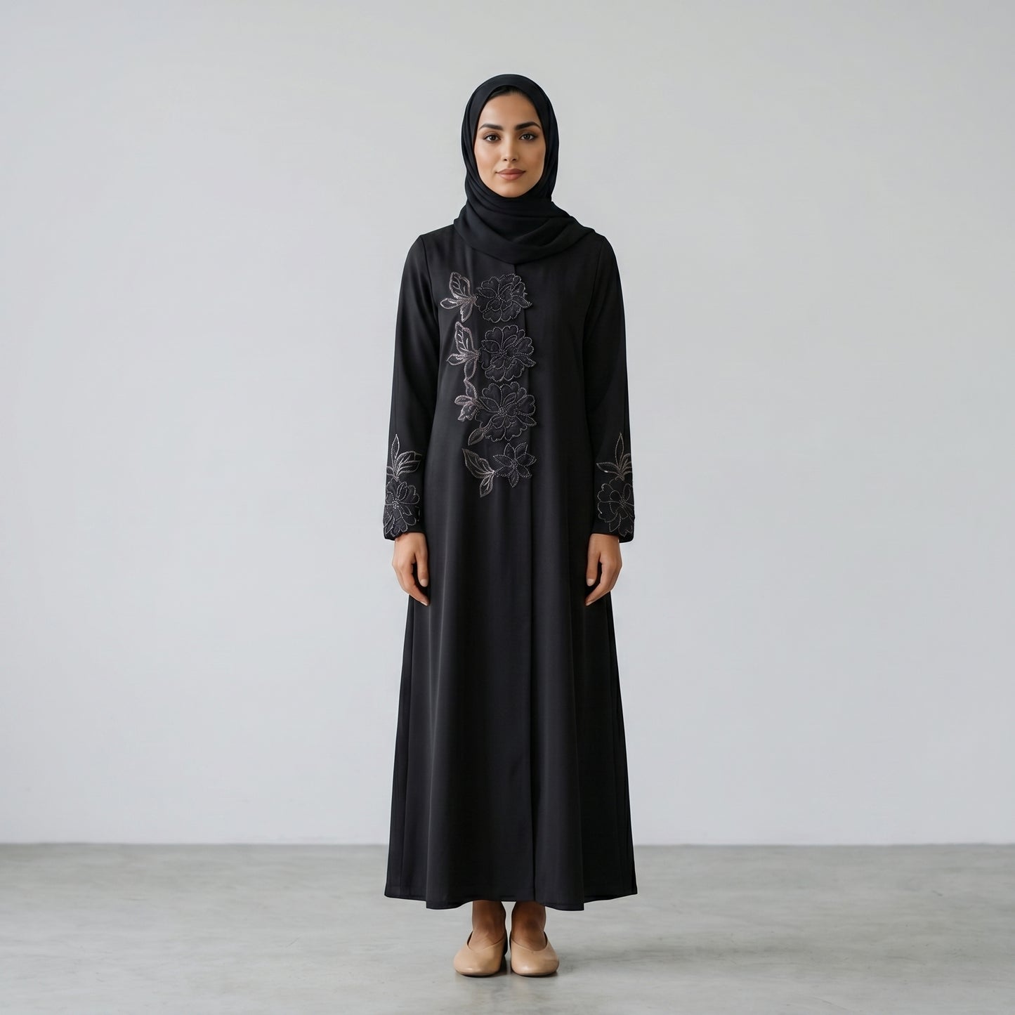 Black Floral Embroidered Khaleeji Abaya with Matching Hijab