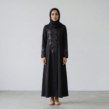 Black Floral Embroidered Khaleeji Abaya with Matching Hijab