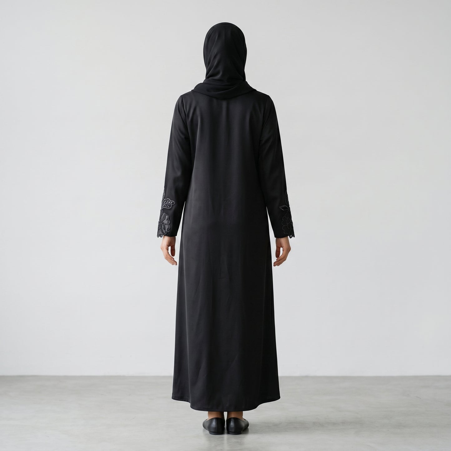 Black Floral Embroidered Khaleeji Abaya with Matching Hijab