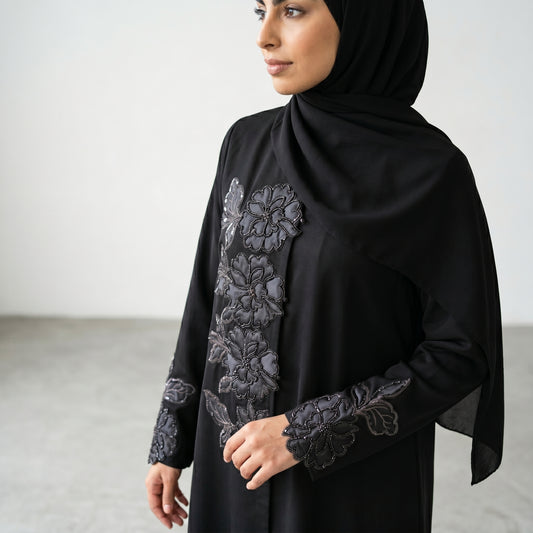 Black Floral Embroidered Khaleeji Abaya with Matching Hijab