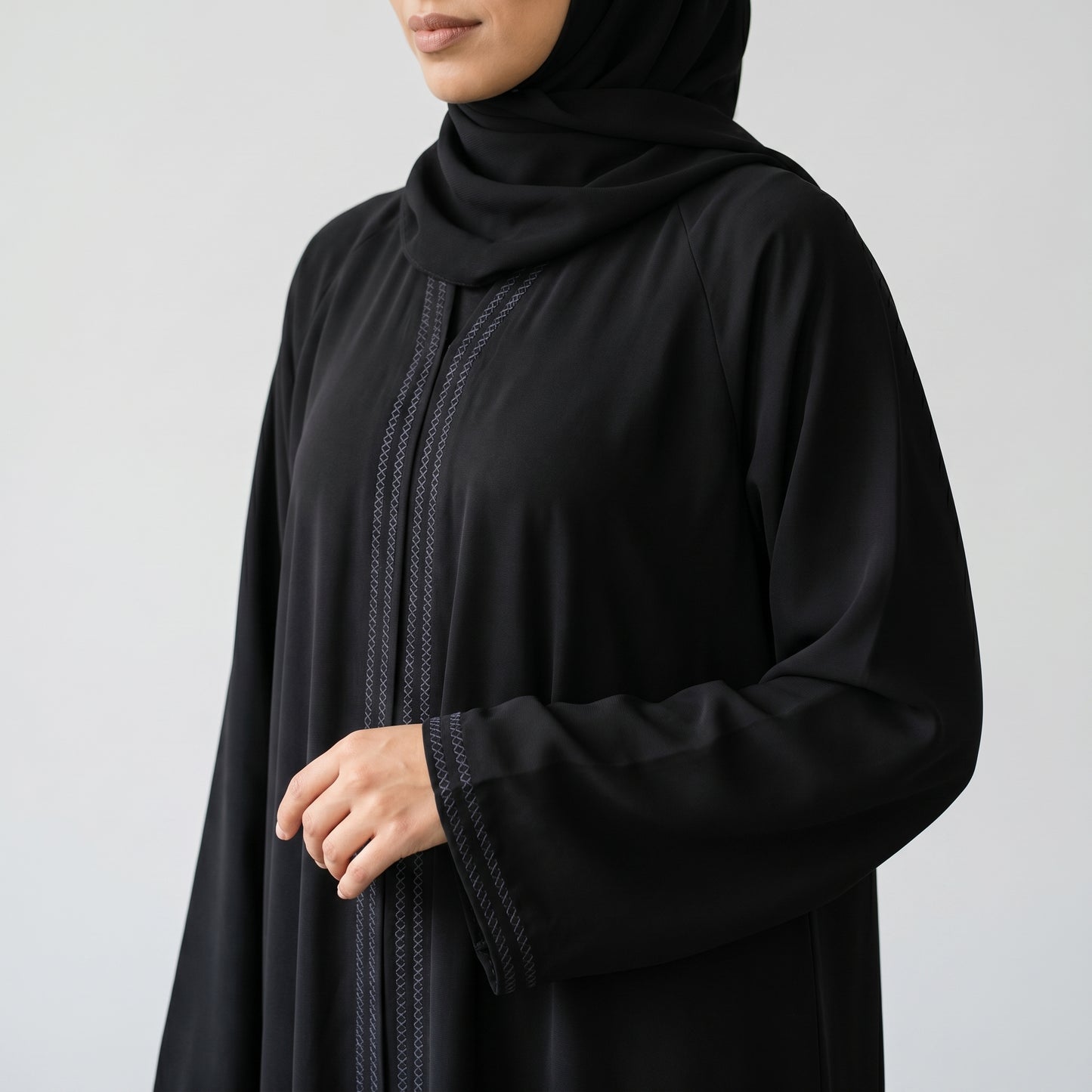 SITR Black Stitched Trim Khaleeji Abaya with Matching Hijab