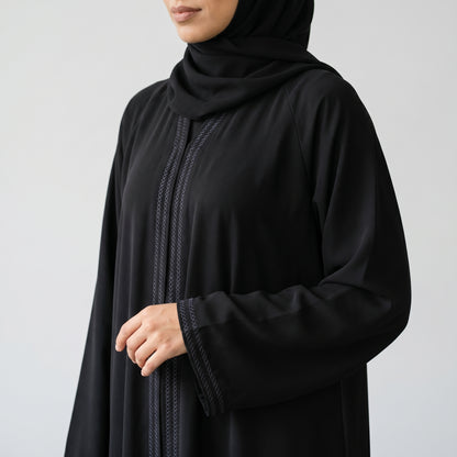 SITR Black Stitched Trim Khaleeji Abaya with Matching Hijab
